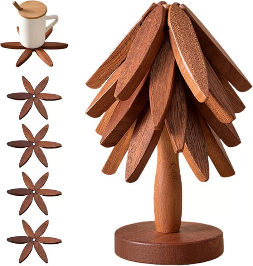 ✨Natural Tree Trivet Set - 5 Wooden Trivets & 1 Stand Like a Christmas Tree