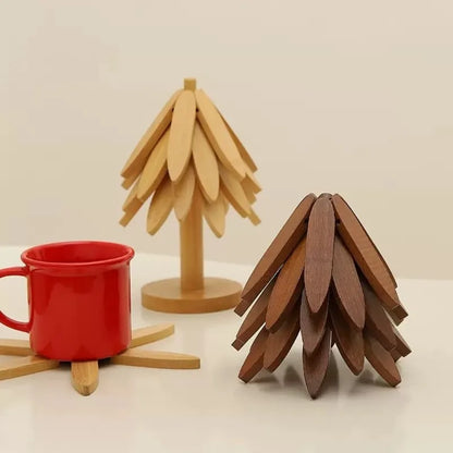 ✨Natural Tree Trivet Set - 5 Wooden Trivets & 1 Stand Like a Christmas Tree