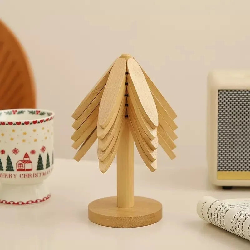 ✨Natural Tree Trivet Set - 5 Wooden Trivets & 1 Stand Like a Christmas Tree